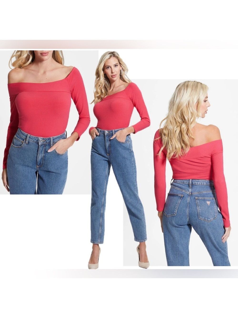 Guess Amelia Off Shoulder Fitted Ribbed Top In Fruit Punch Pink Sz L NWT